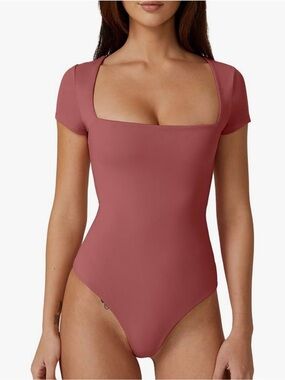 QINSEN Women's Square Neck Short Sleeve Bodysuit Sexy Body Suit Double Lined Top
